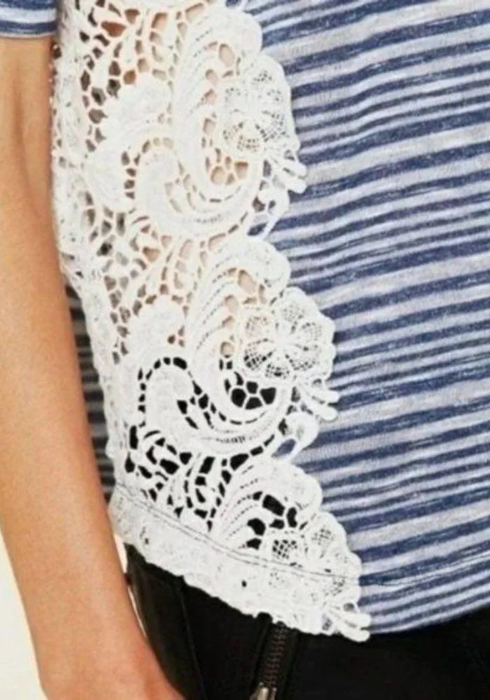 Free People We the Free Blue Stripe Battenburg Lace Short Sleeve Top S - Image 3