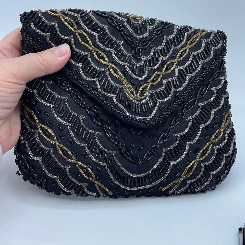 Vintage Y2K satin beaded black clutch. Snap front - Image 2