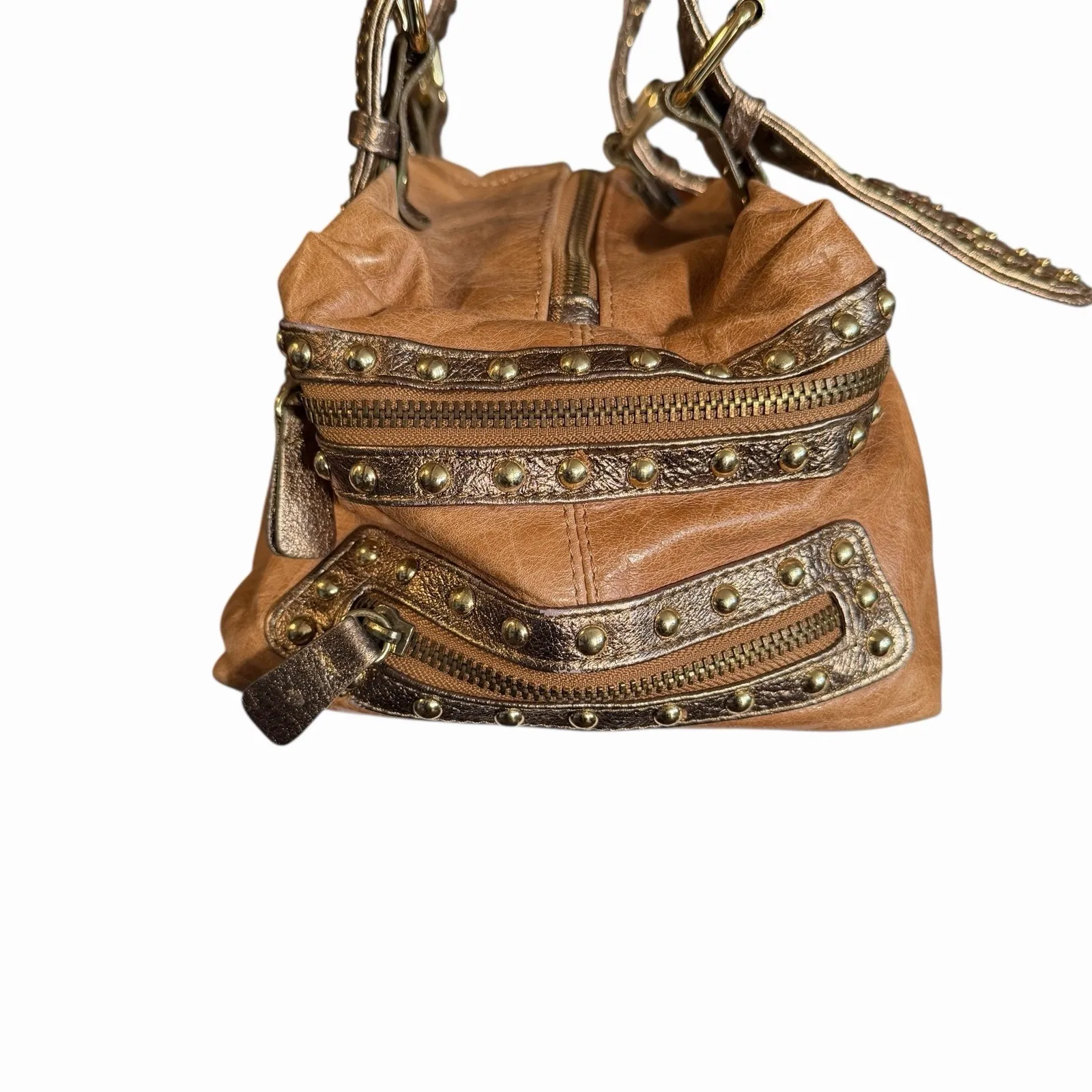 Y2K Bebe Studded Leather Satchel Shoulder Bag Moto Boho Glam Brown 2000s Rocker - Image 6