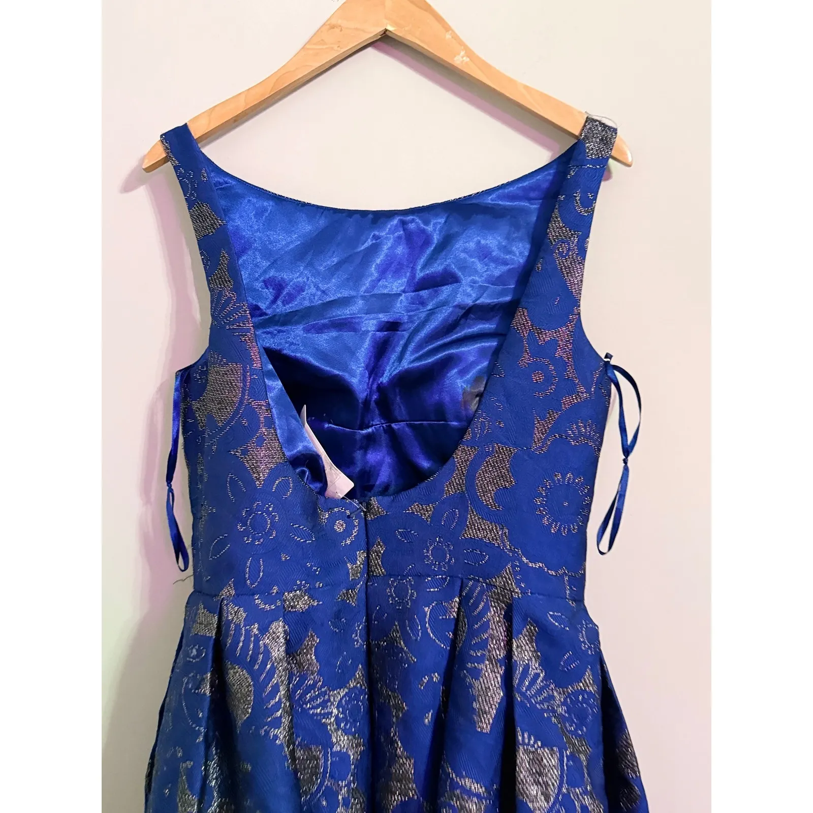 Allure Bridals Bridesmaids Navy Blue Brocade Fit Flare Pleated Dress Size 14 - Image 6