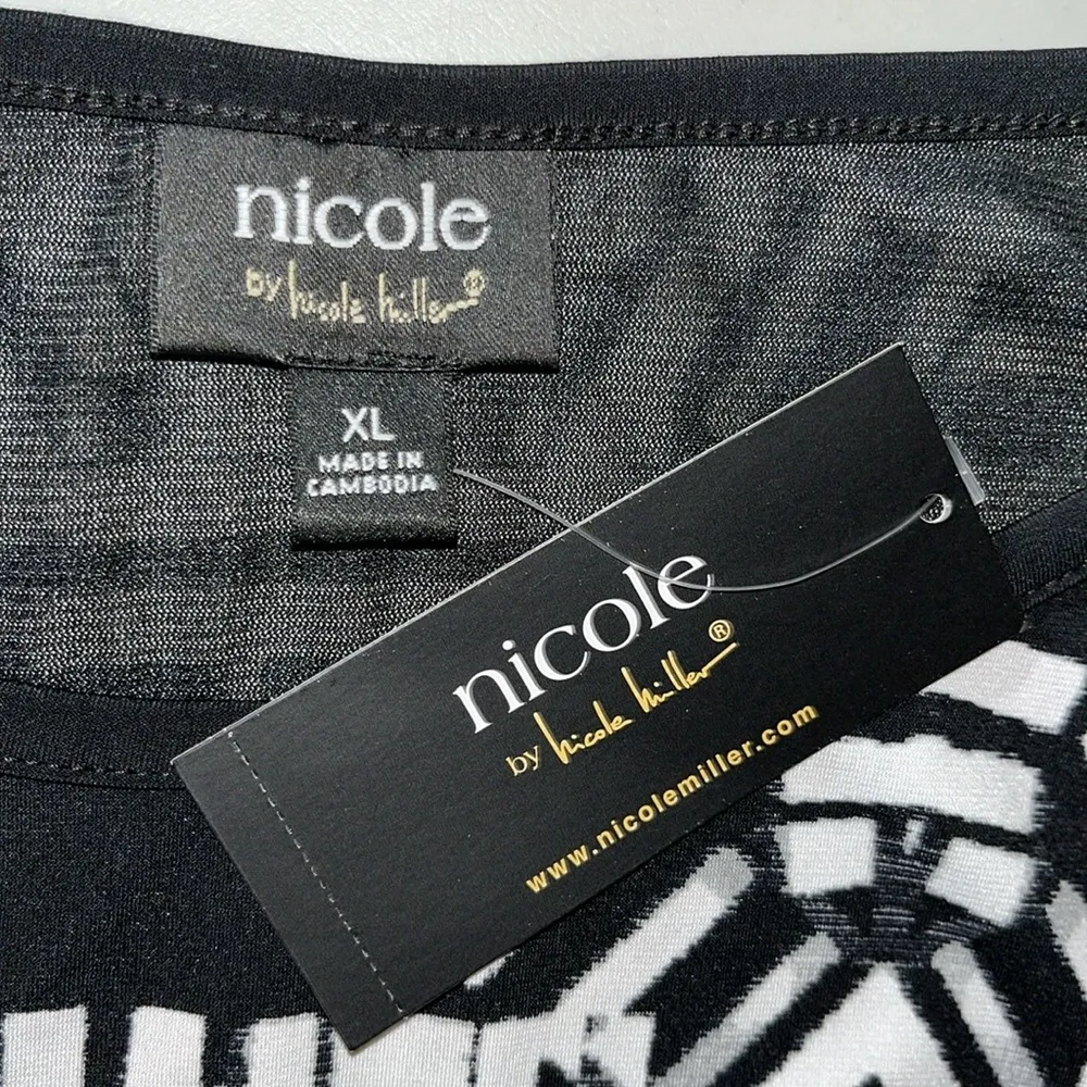 Nicole Miller NWT Size XL Black & White Printed Cut-Out Sleeve Blouson Dress - Image 6