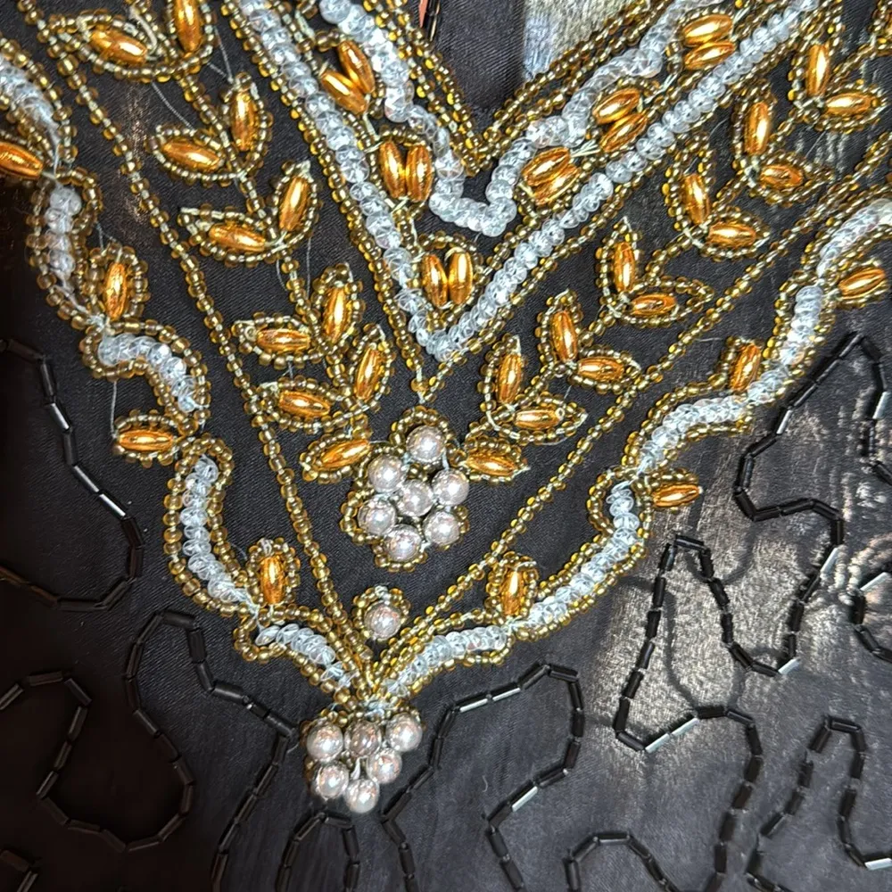 Laurence Kazar Black 100% Silk Blouse Silver Gold Sequin Beaded Size XS - Image 4