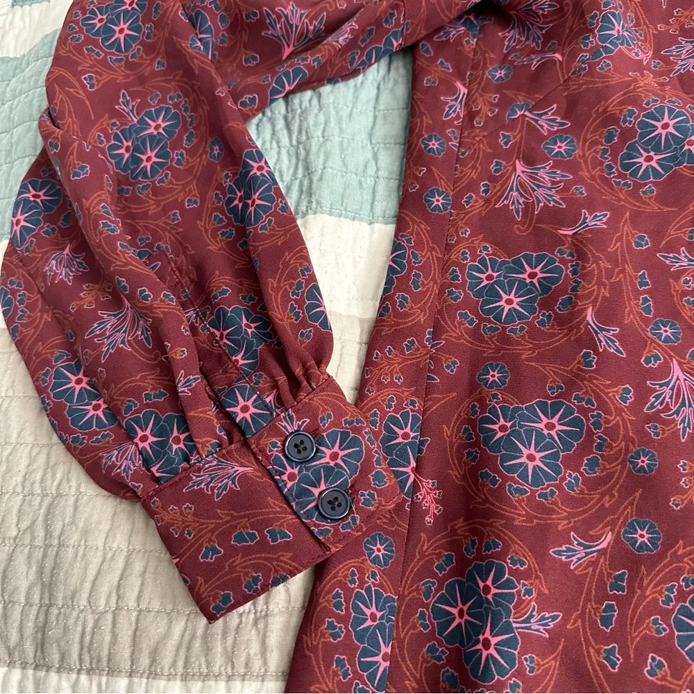 Derek Lam Mock Neck Shift Dress 40 Floral Crepe Maroon 6 - Image 10