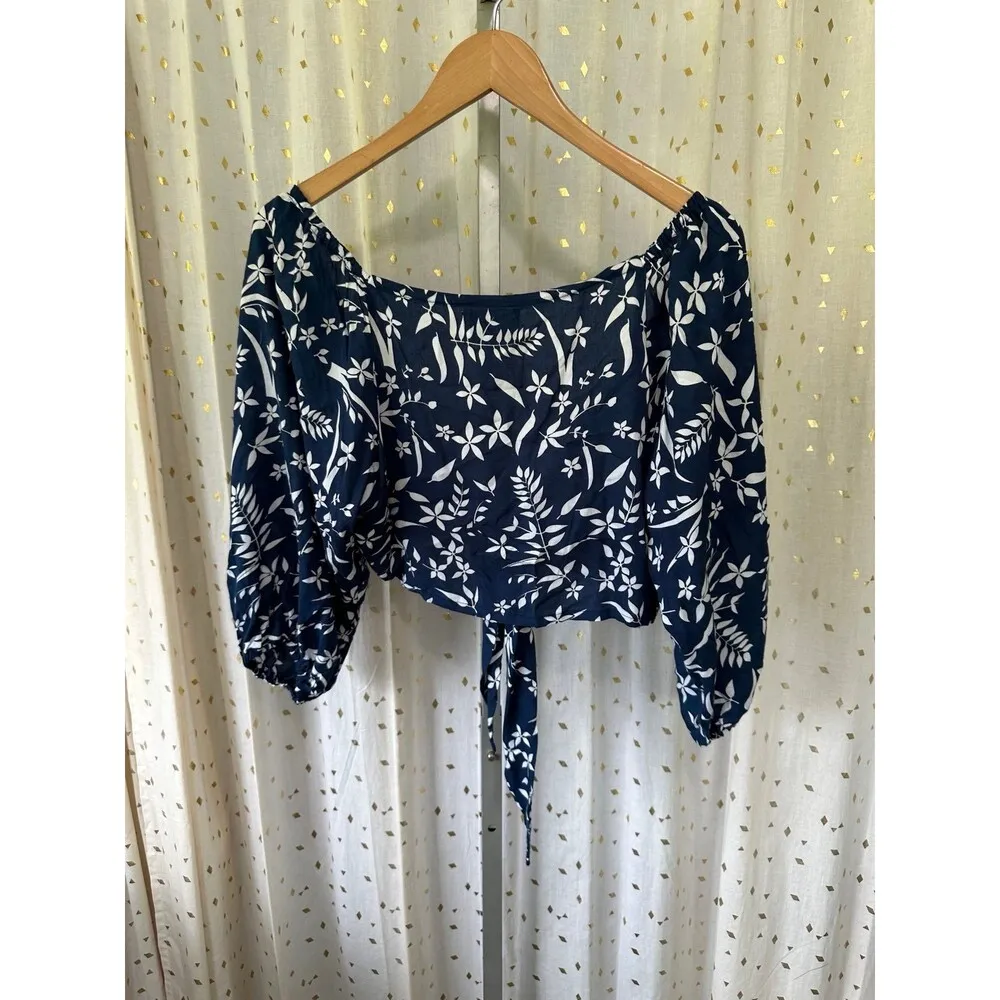 SL Hawaii Hawaiian Balloon Sleeves On Off Shoulder Crop Self Tie Wrap Top OS Blue Size undefined - Image 4