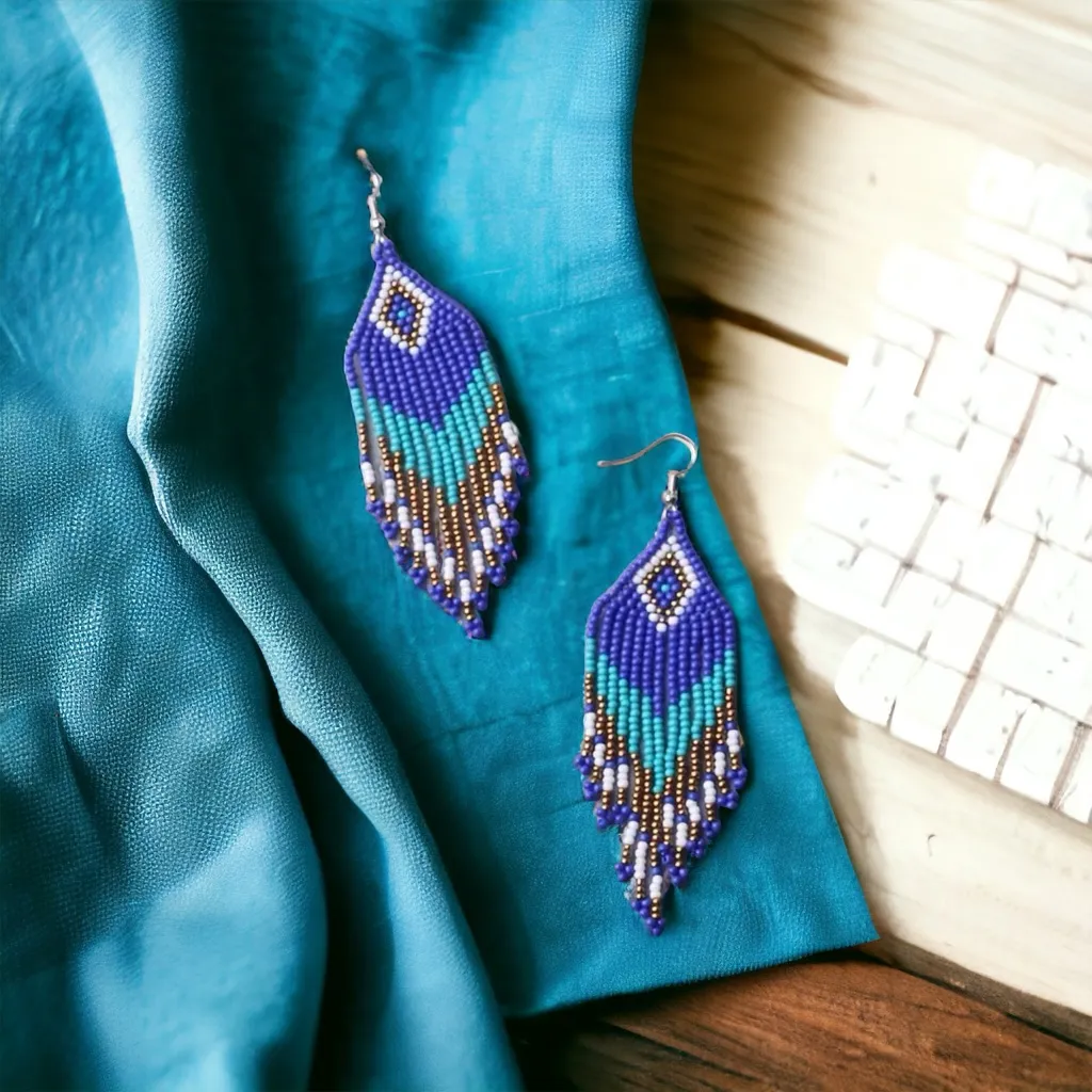 Rhombus Shape Colorful Beaded Tassel Dangle‎ Earrings Bohemian Ethnic Style Blue - Image 5