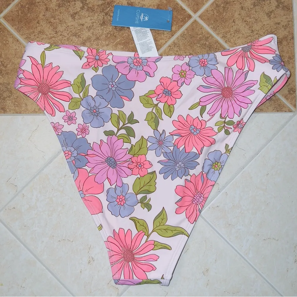 NWT Cupshe Pink Floral Print High Waisted High Leg Cheeky Bikini Bottoms large - Image 4