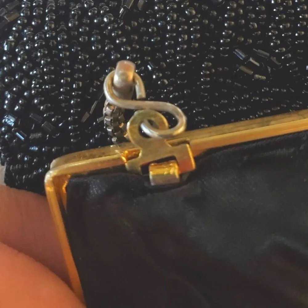 Stunning Vintage Black Glass Beaded Evening Bag Gold Chain, Hong Kong - Image 4