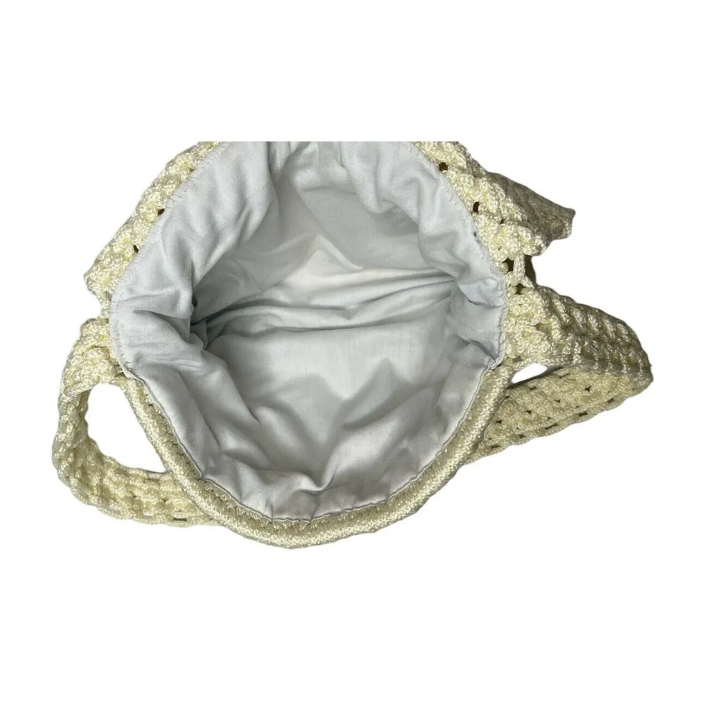 Vintage Boho Macrame Ivory Cream Crochet Woven Knit Hand Bag Purse Hippie - Image 7