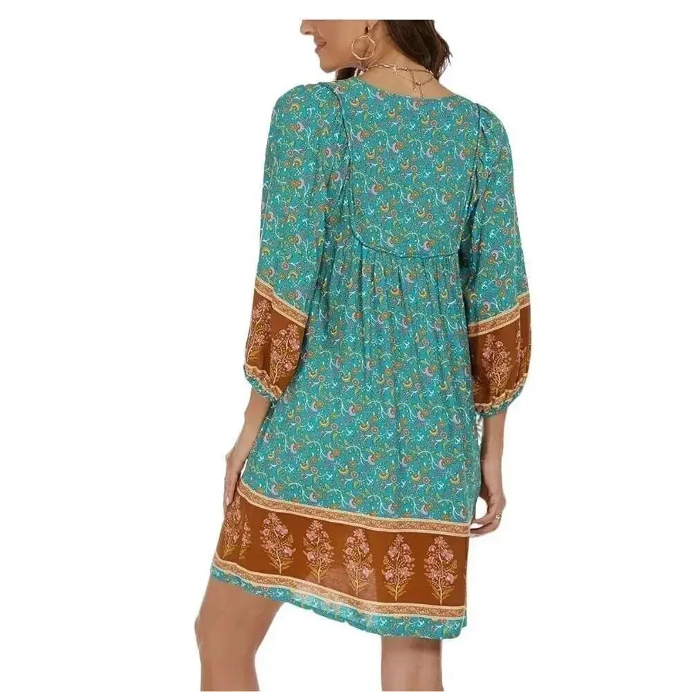 Qearal Womens Casual V Neck 3/4 Sleeve Boho Floral Loose Short Mini SZ S #1994 Brown - Image 2