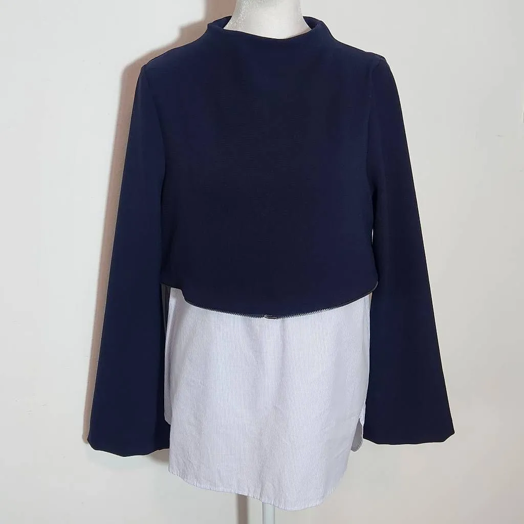 Zara Navy Knit Pullover with Zipper Hem and Blue Stripe Accent NWT Size Medium - Image 9