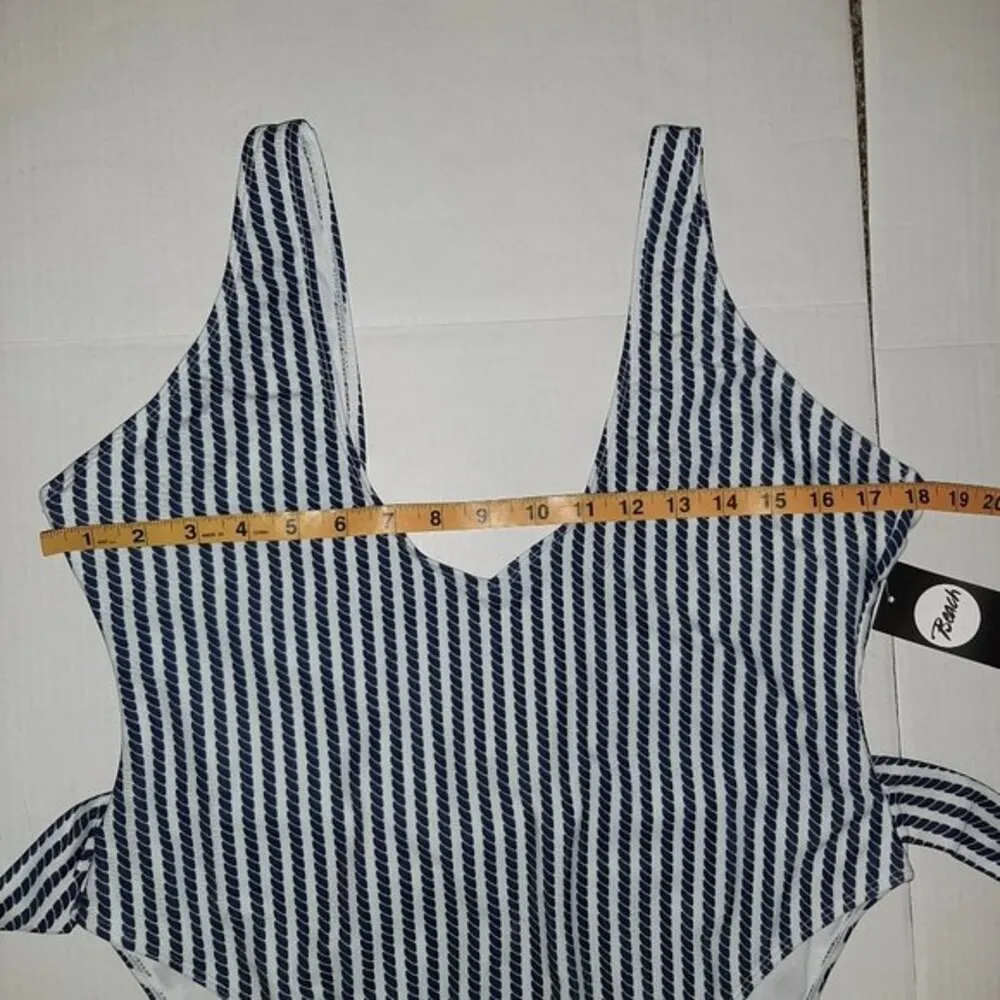 Boohoo Belted Swimsuit Navy Blue & White Nautical Rope Print Tie Waist Size 12 - Image 7
