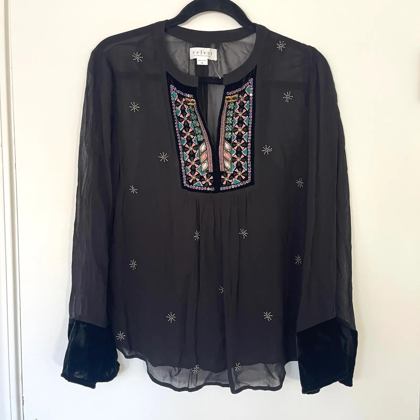 Velvet by Graham & Spencer Becky Beaded Velvet Georgette‎ Black Sheer Blouse XS - Image 3