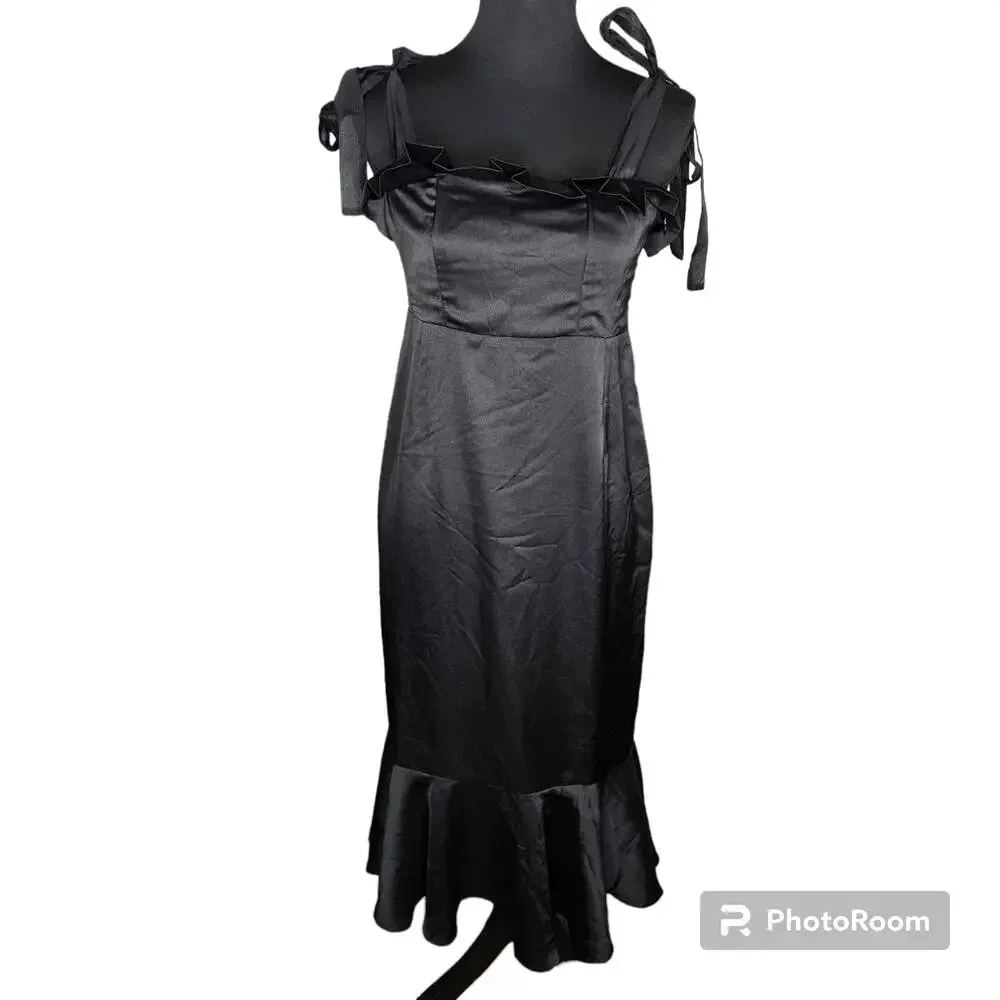 Lulus Black Tie Optional Satin Ruffled Midi Dress - Image 2
