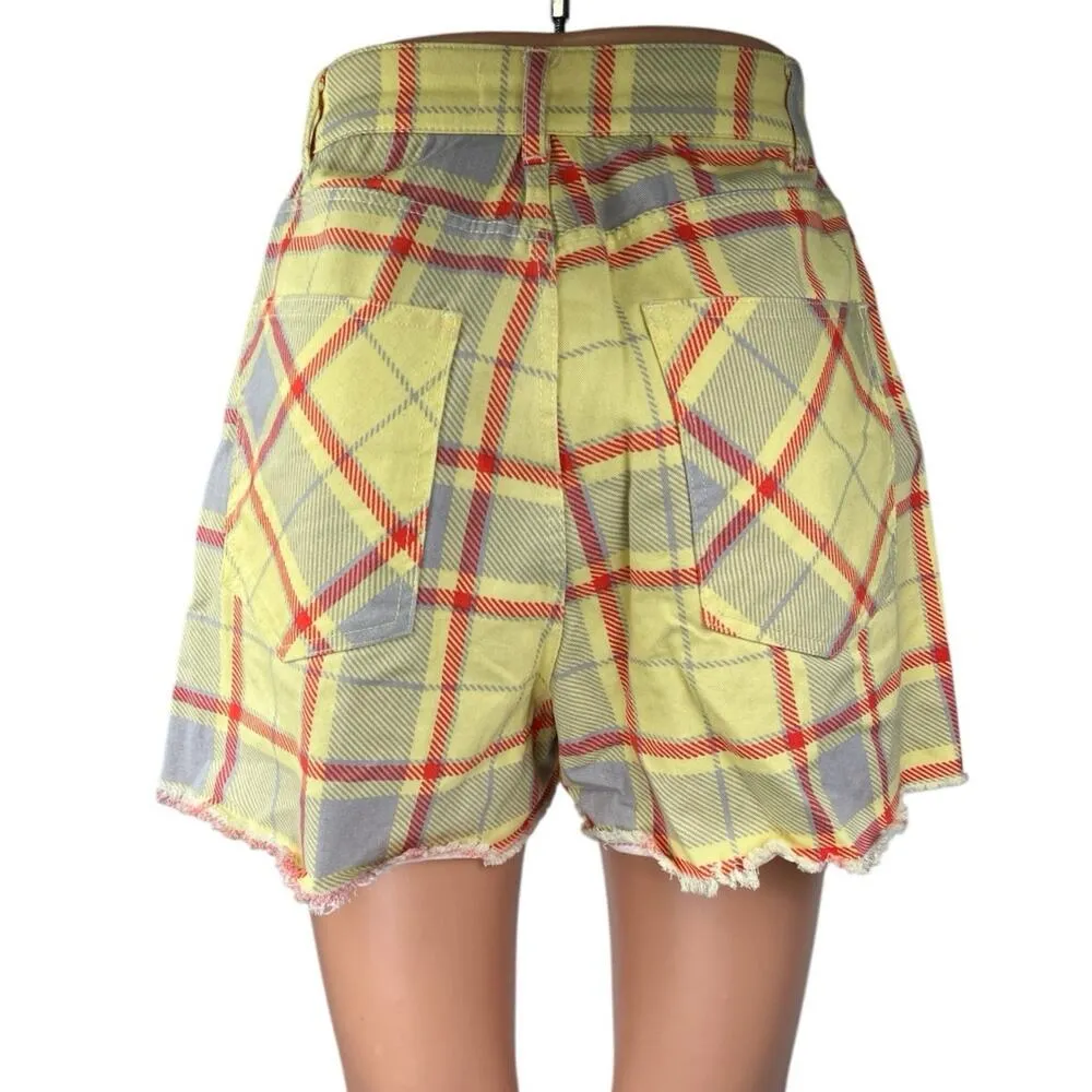 Weworewhat Women's Yellow Checkered Plaid High Rise Denim Jean Shorts Size 24 - Image 3
