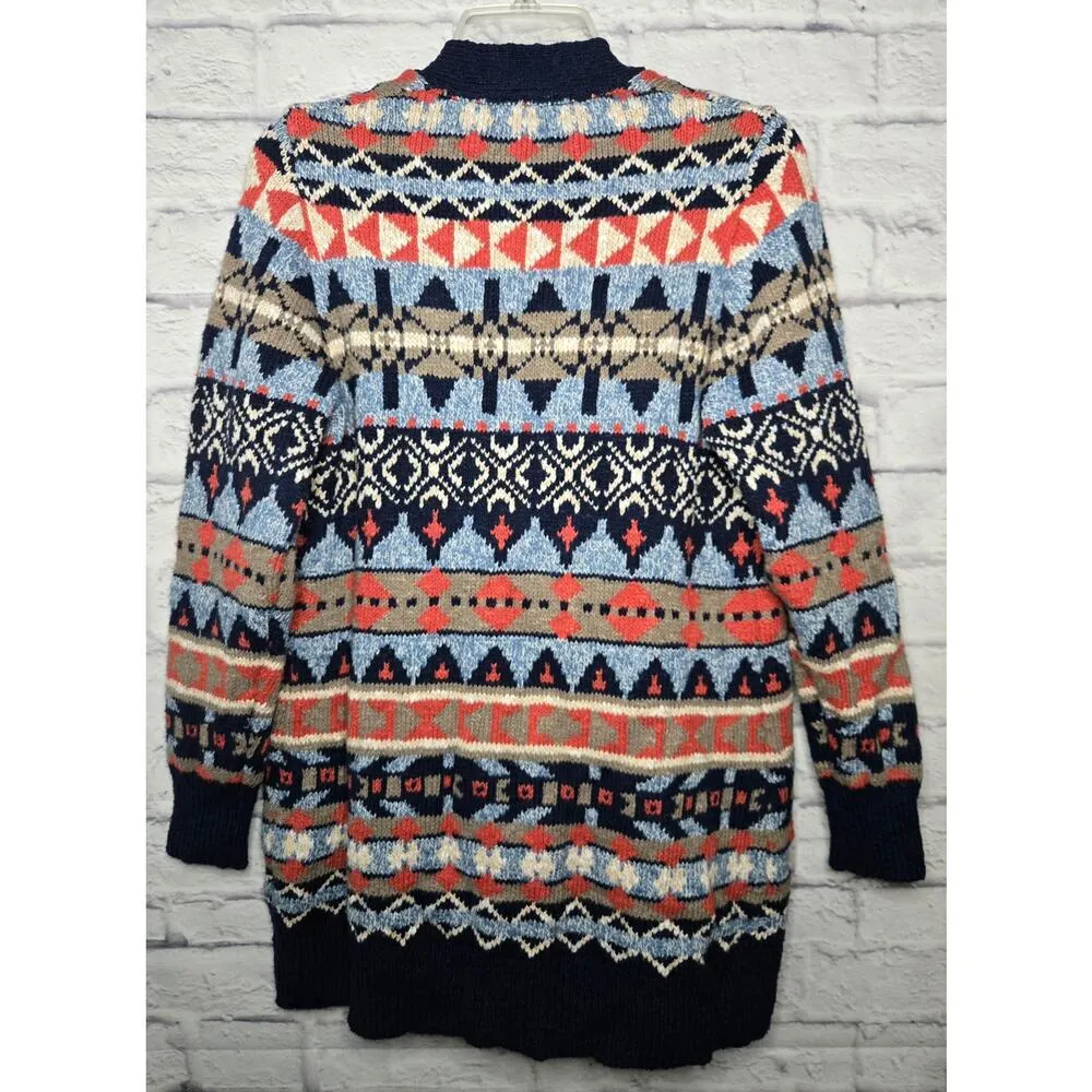 L.L.BEAN women's cotton fair isle western Aztec print knit cardigan MP. - Image 3