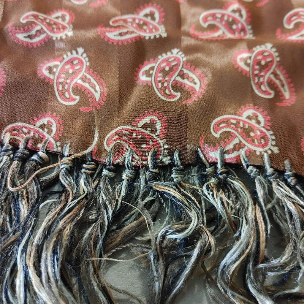 Brown Paisley Satin Scarf Vintage Fringe Trim 42 by 11 Inches Unisex Luxurious - Image 8