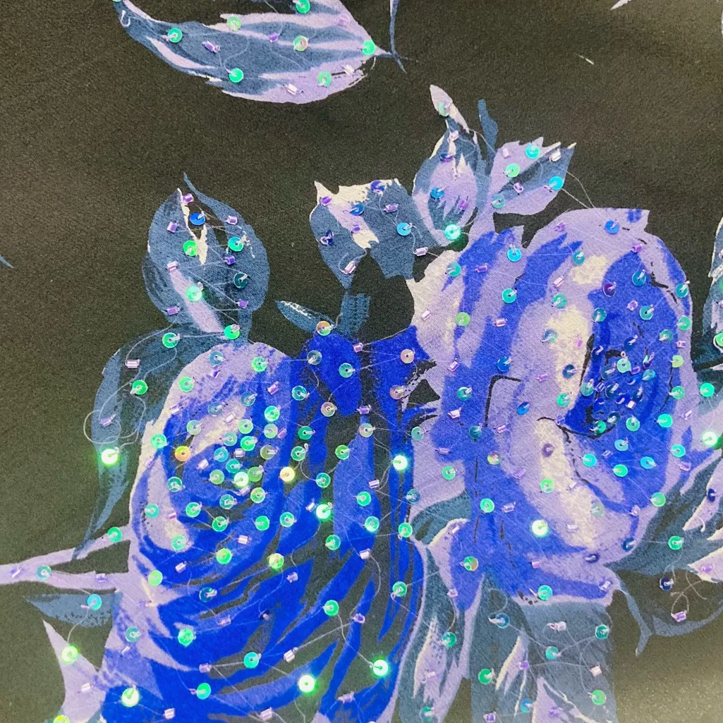 Vintage Y2K Sean collection black silk chiffon floral sequined bell sleeve top. - Image 3