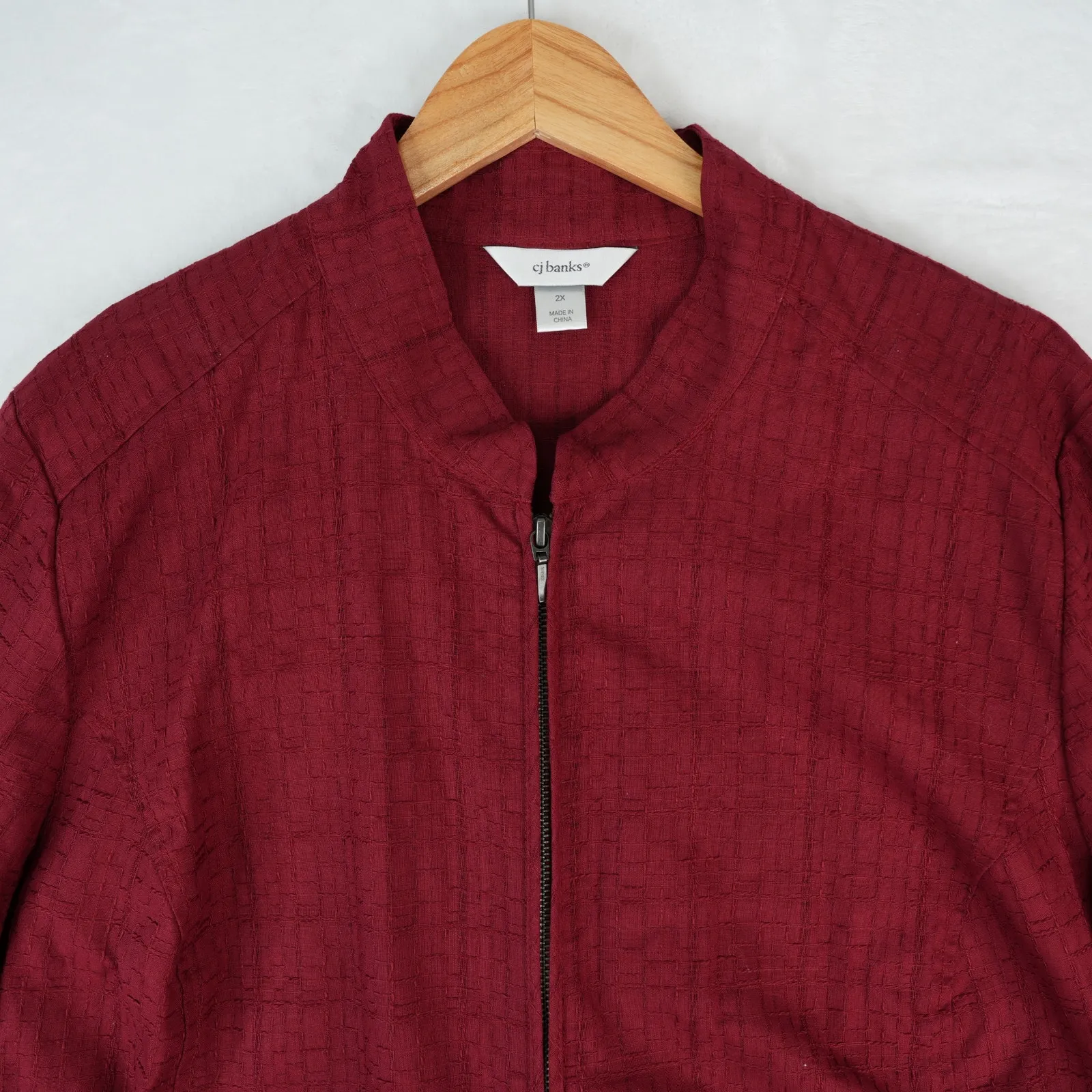CJ Banks Jacket Womens 2X Red Texture Full Zip Cotton 3/4 Sleeve Shacket Boho Size XXL - Image 6
