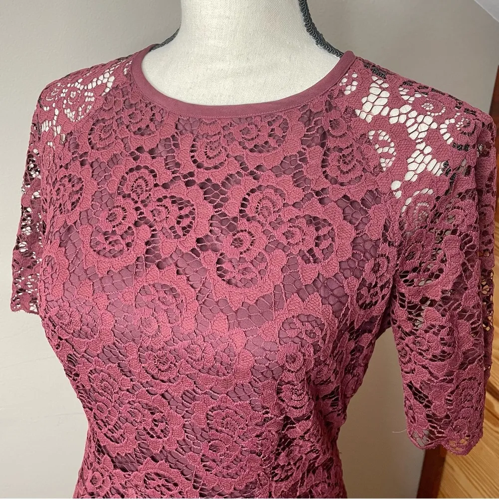 Magnolia Lace Overlay Short Sleeve Mini Dress in Burgundy Maroon 0 - Image 5