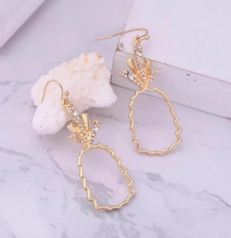 Crystal Pineapple Fruit Dangle Earrings Gold - Image 2
