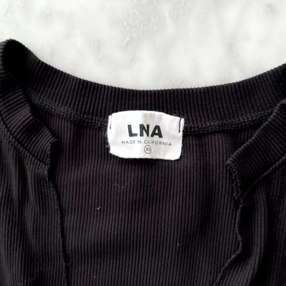 LNA Easy Rib Midi Cap Sleeve Dress Black XS Split Front V-Neck Rayon Spandex - Image 4