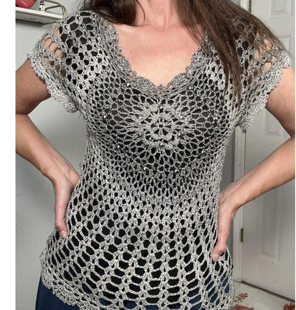 Alberto Makali Womens Top Large Gray Fairy Crochet Y2K V-Neck Whimsigoth Vintage - Image 4