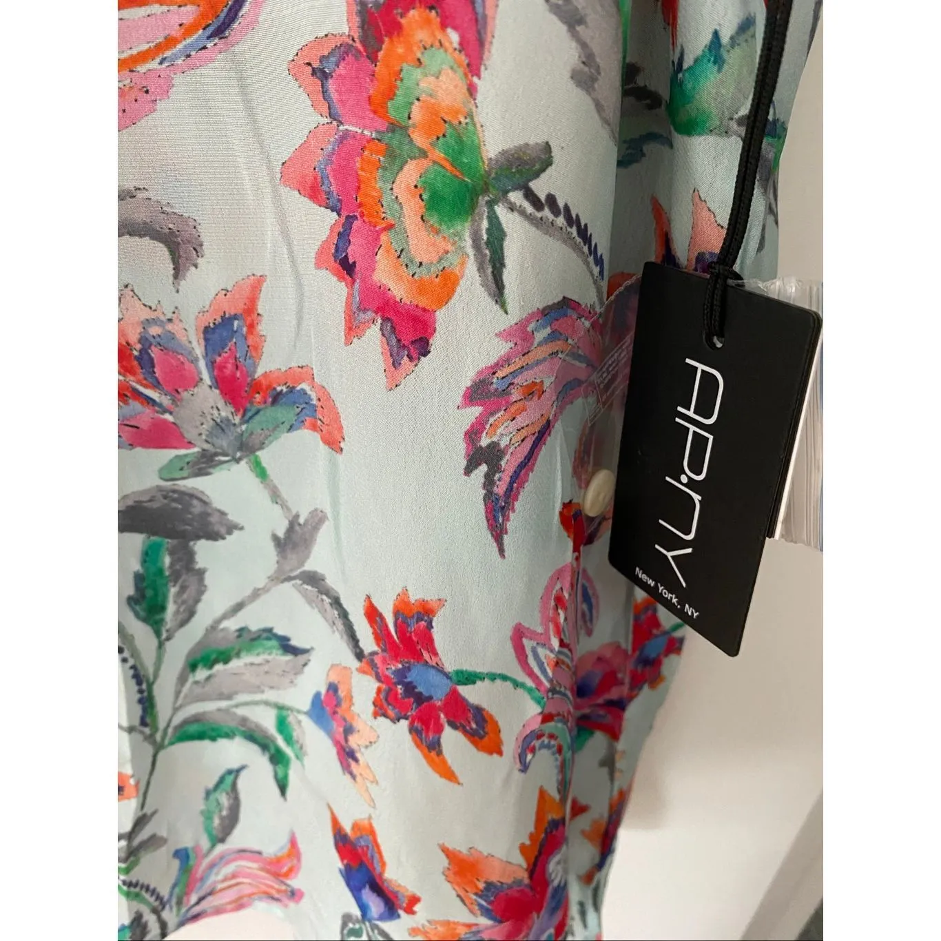 APNY Woven Floral Print Mock Neck Long Sleeve Blouse Sz XL Blue - Image 5