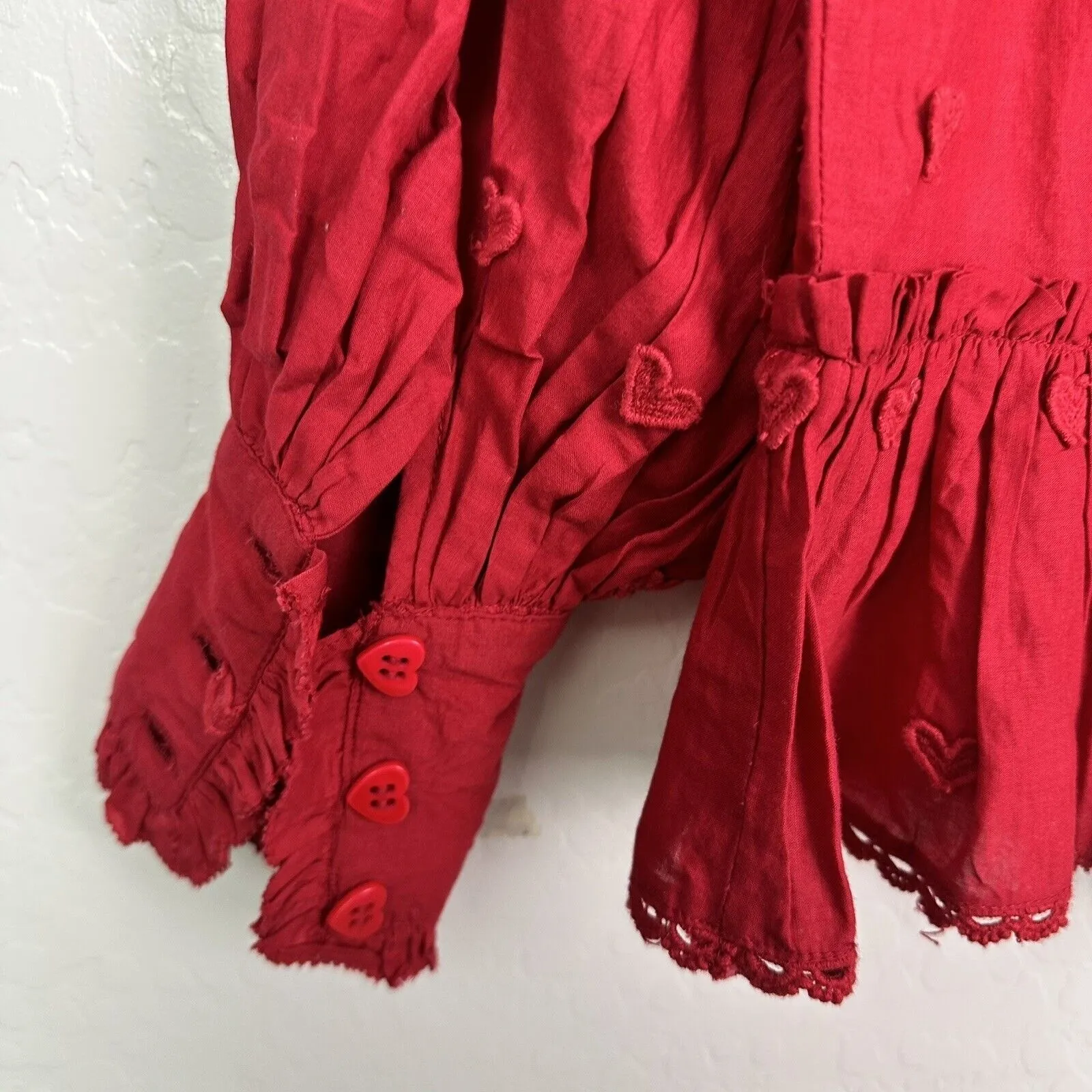 Farm Rio Women's Red 3D Heart Red Blouse Long Sleeve Smocked Size XS - Image 12