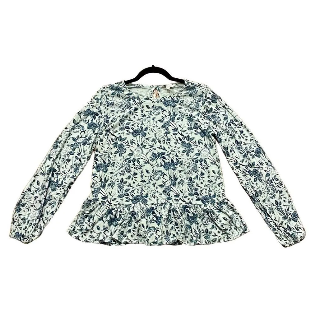 Lucky Brand blue floral long sleeve peplum blouse Small - Image 2