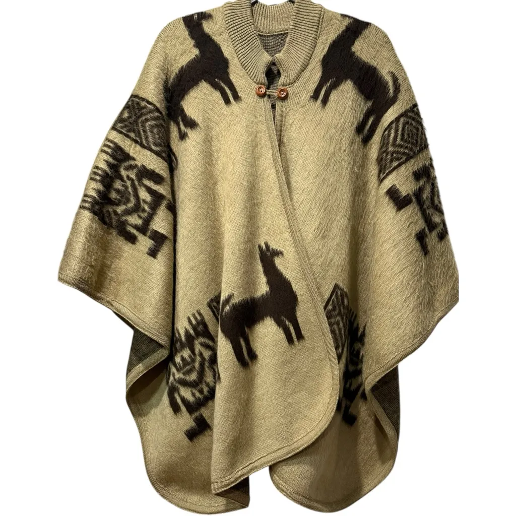 Vintage Wool Blend Llama Print Poncho Wrap Cape One Size Oversized Boho Folk Tan - Image 1