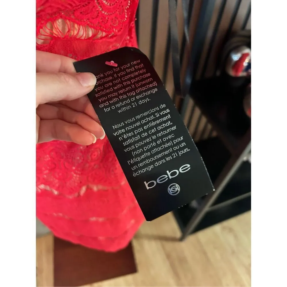 Bebe nudue red beige lace low back floral stretch bodycon top dress medium NWT - Image 6