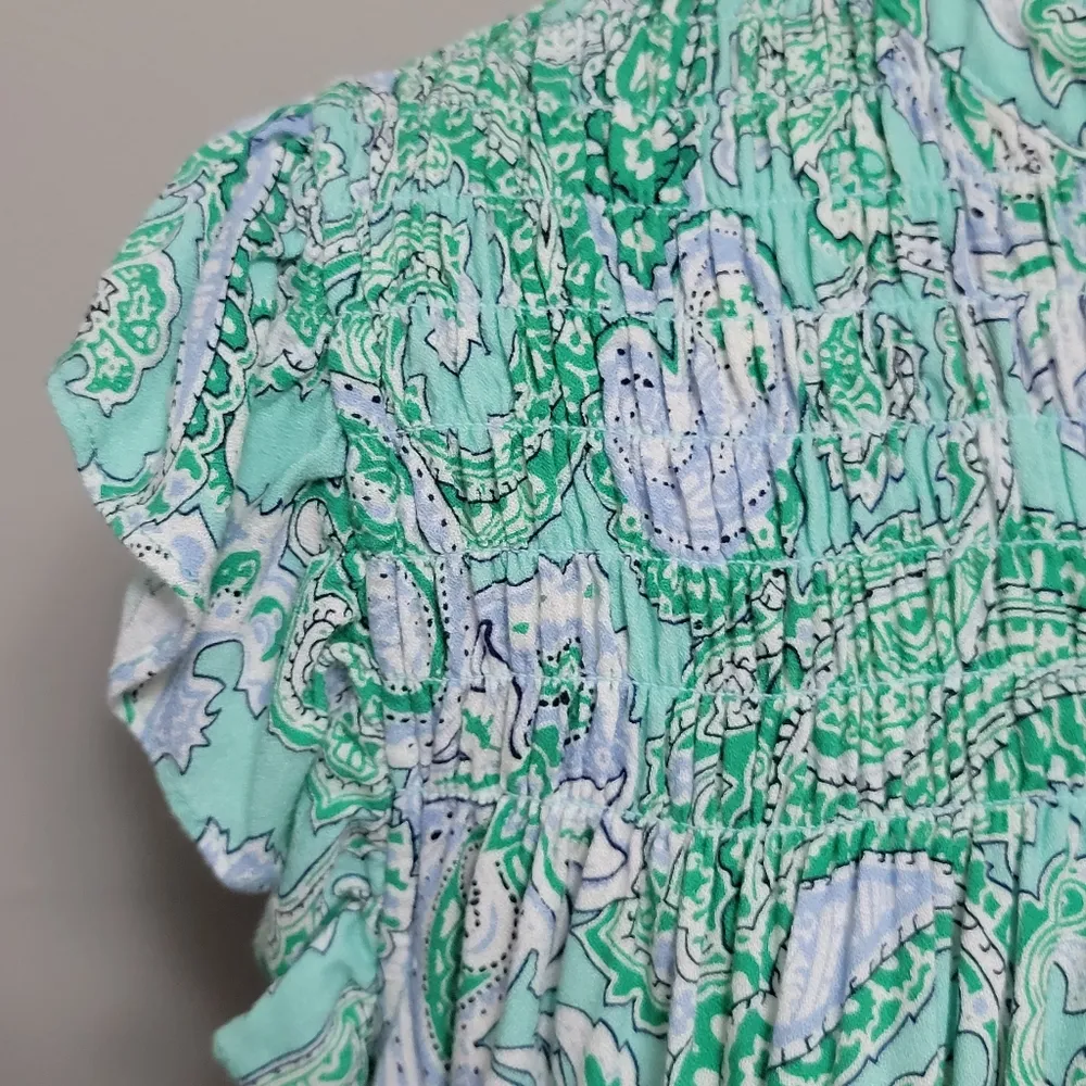 Crown & Ivy Green Combo Smocked Ruffle Yoke Paisley Printed Shirt Sixe XL - Image 3