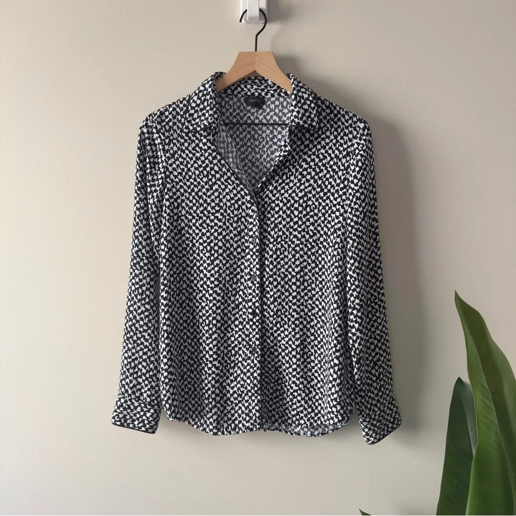 Theory Long Sleeve Button Down Stylish Black and White Top Petterned Collared M - Image 3