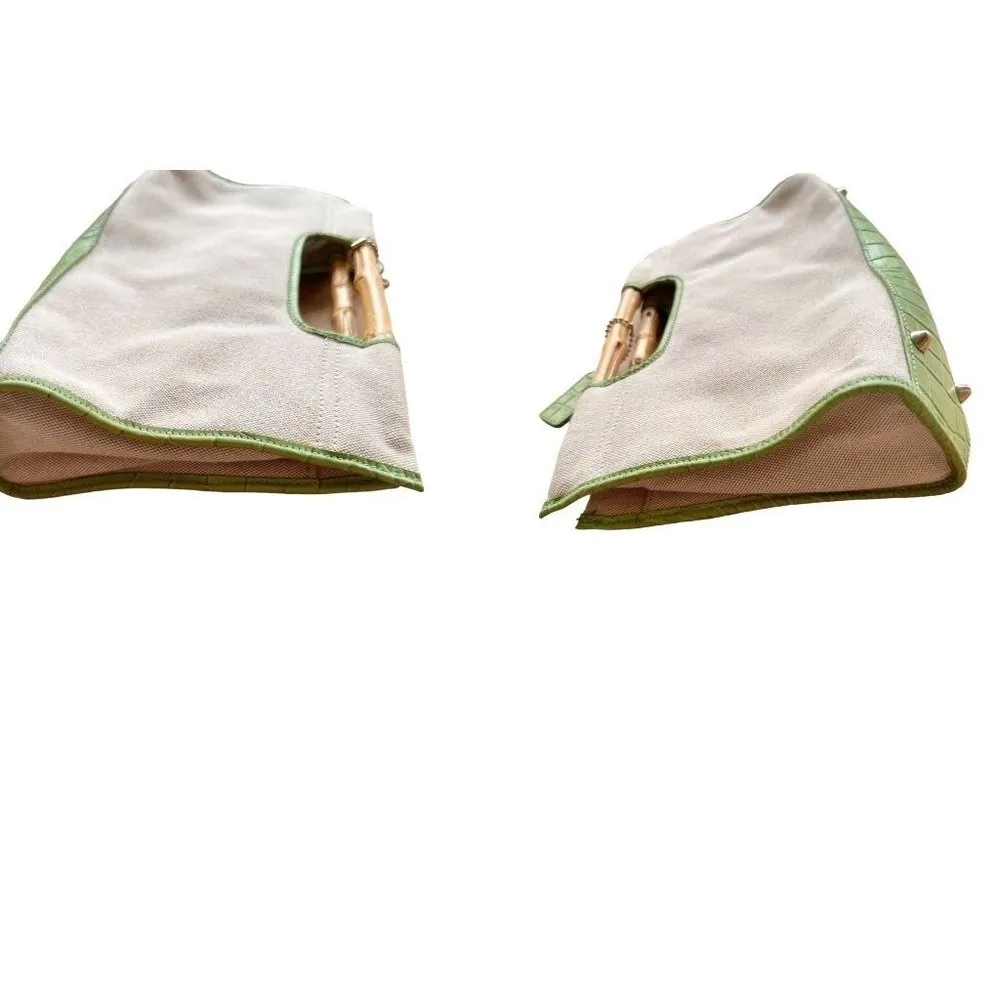 Vintage Etienne Aigner Canvas Leather Handbag Bamboo Handles Snap Closur… - Image 5