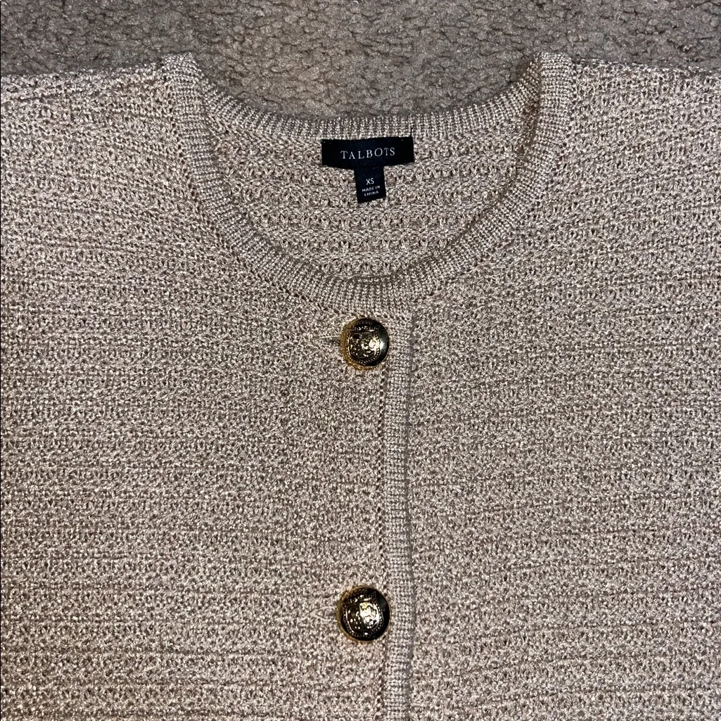 Talbots‎ Kate Metallic Knit Button Up Crew Neck Cardigan Sweater Gold Shimmer XS - Image 3