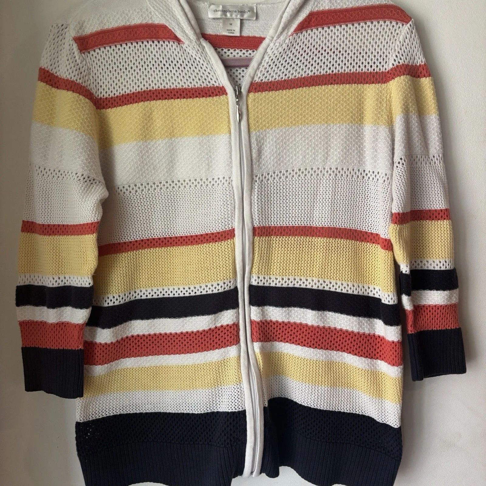 Christopher &Banks M Hooded Zip Sweater Lightweight 3/4 Sleeve Striped Open Knit Size M - Image 2