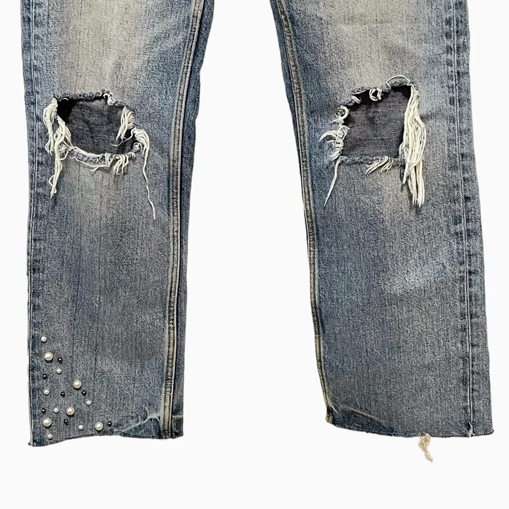 Zara Basic Z1975 Denim Straight Pearl Distressed Embellished Jeans 2 - Image 12
