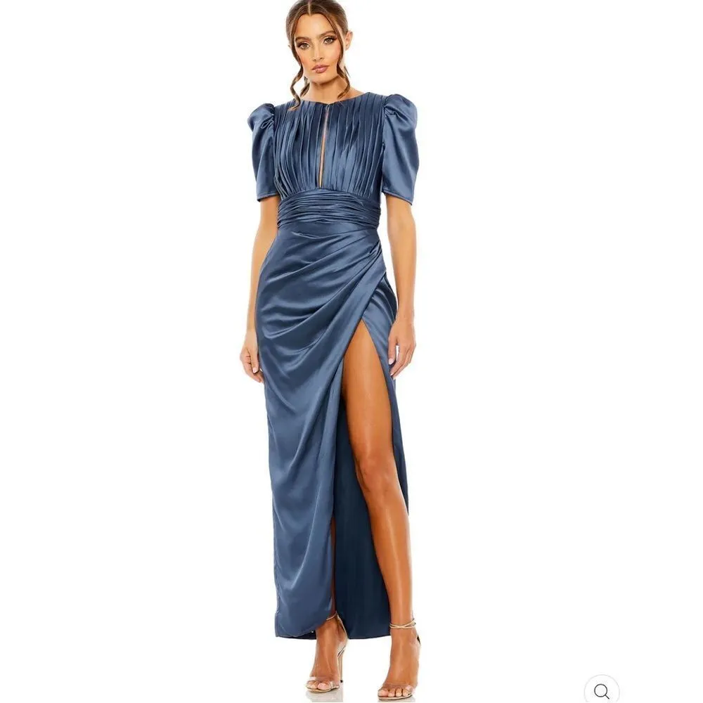 Mac Duggal 27014 Womens Blue PUFF SLEEVE PLEATED BODICE DRAPED GOWN - Image 3