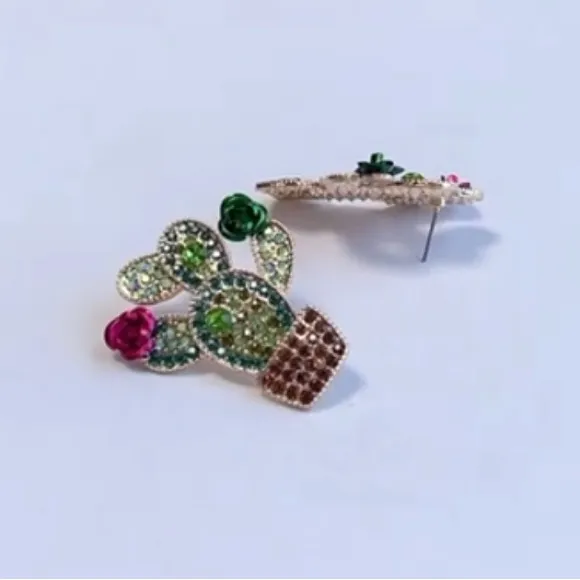 Colorful Rhinestone Cactus Statement Earrings – Western Desert Style – NWT Green - Image 5