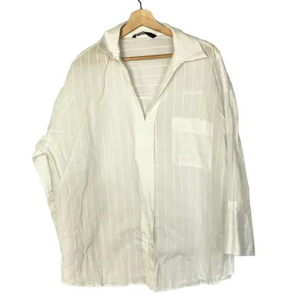 Zara White Pin Stipe Relaxed Fit Boyfriend Long Sleeve Blouse M - Image 3