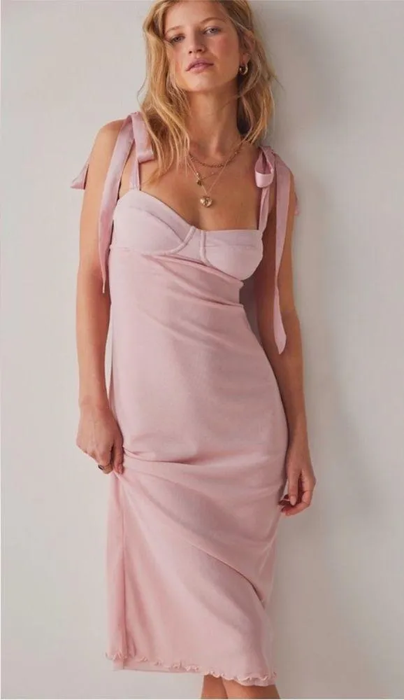 NWT Free People Got Glam Mesh Tie Shoulder Midi Slip Dress Size Small - Image 2