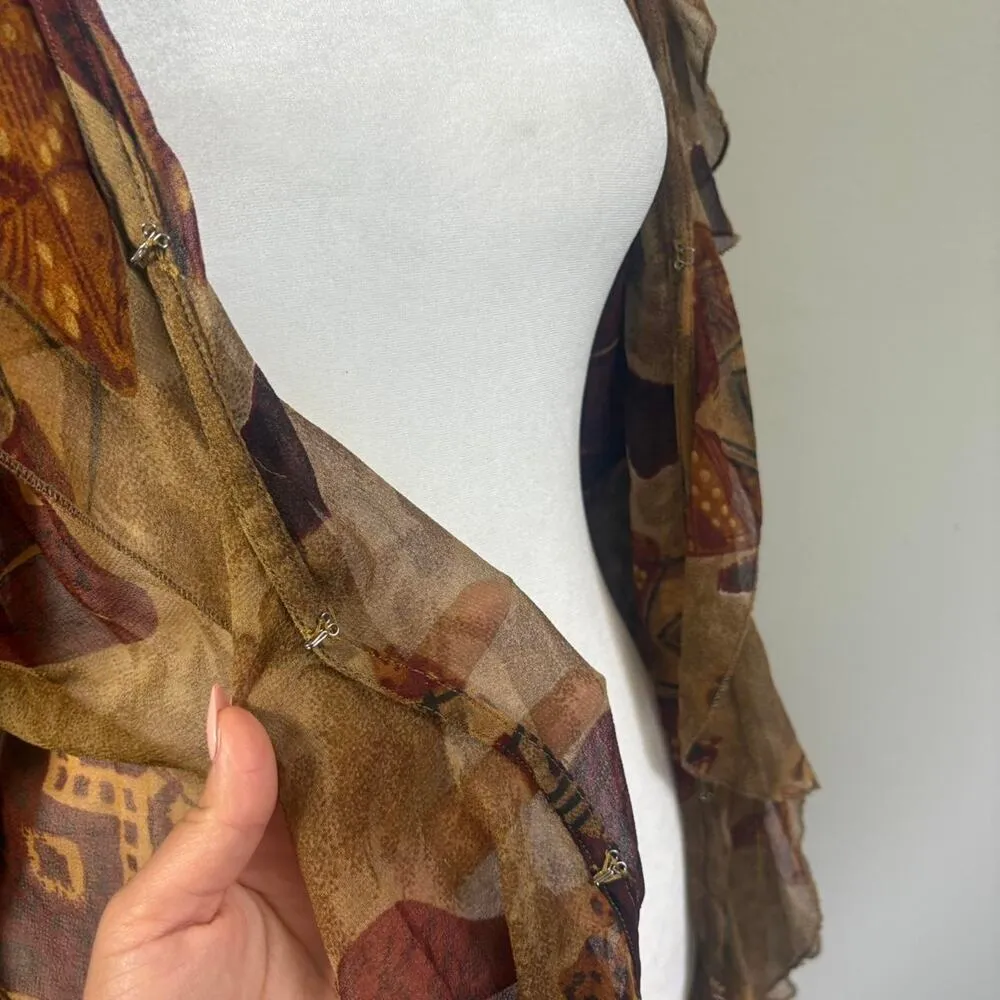 VTG 90s Sz 14 Sheer Earthy Cardigan Shrug Ruffle Trim Cover‎ Up Leopard Print Brown - Image 3