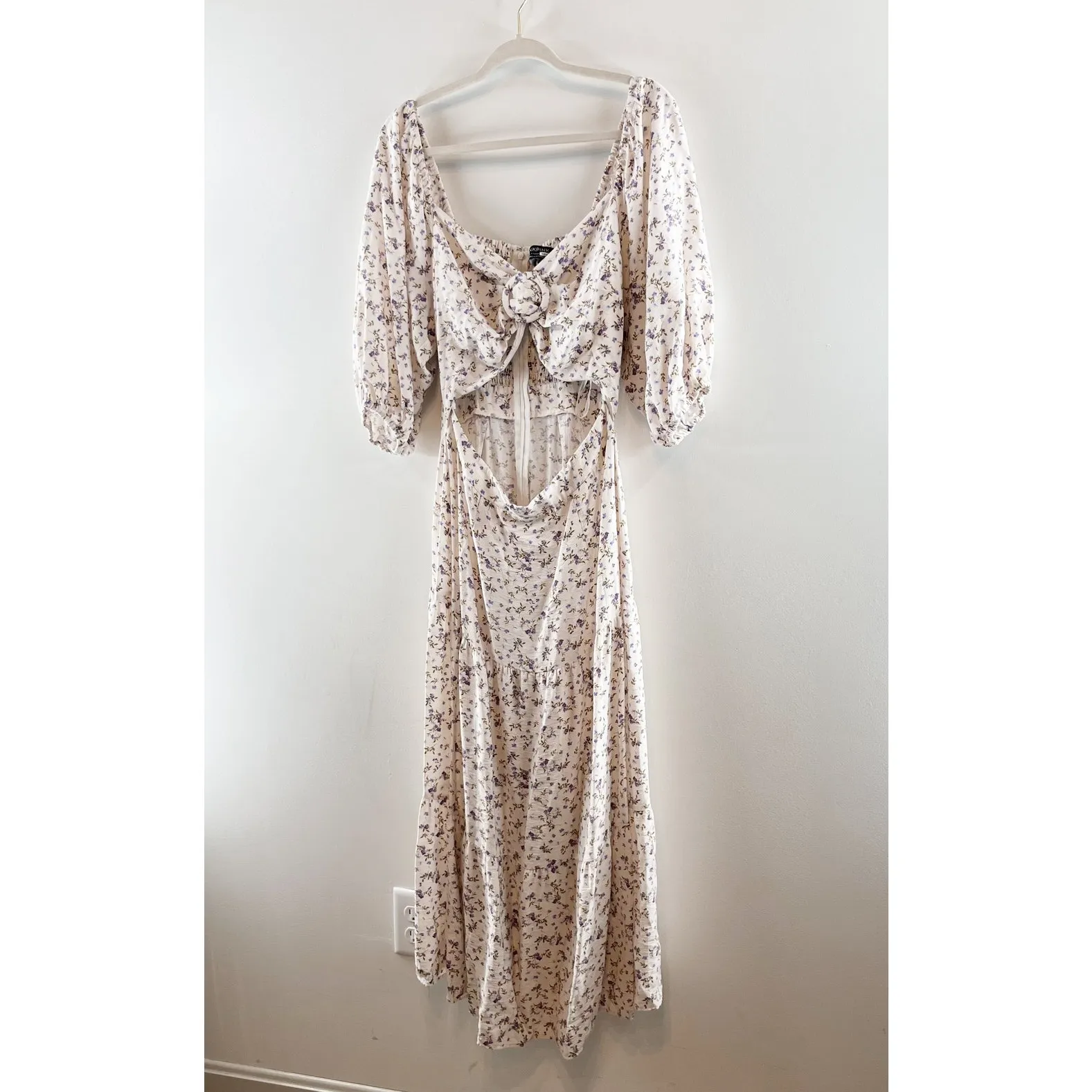 MINKPINK Hailey Floral Puff Sleeve Cutout Midi Dress White Purple XL - Image 10