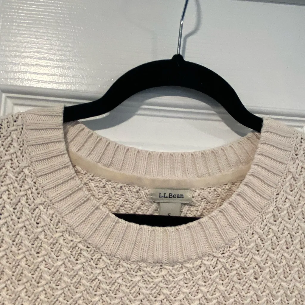 L.L. Bean Size S Cream Cotton Waffle Knit Long Sleeve Crew Neck Pullover Sweater - Image 3