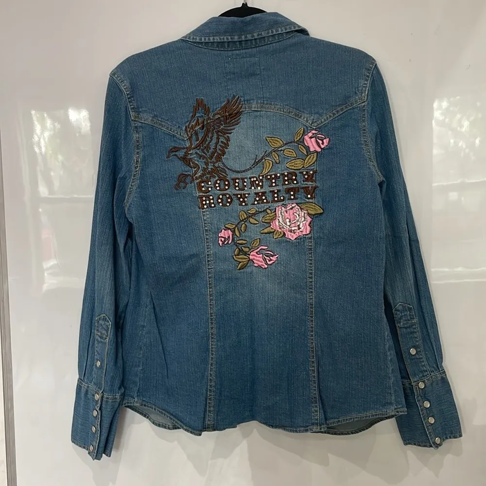 Vintage Y2K Country Royalty Studded Embroidered Bling Rhinestone Denim Top Sz S - Image 5