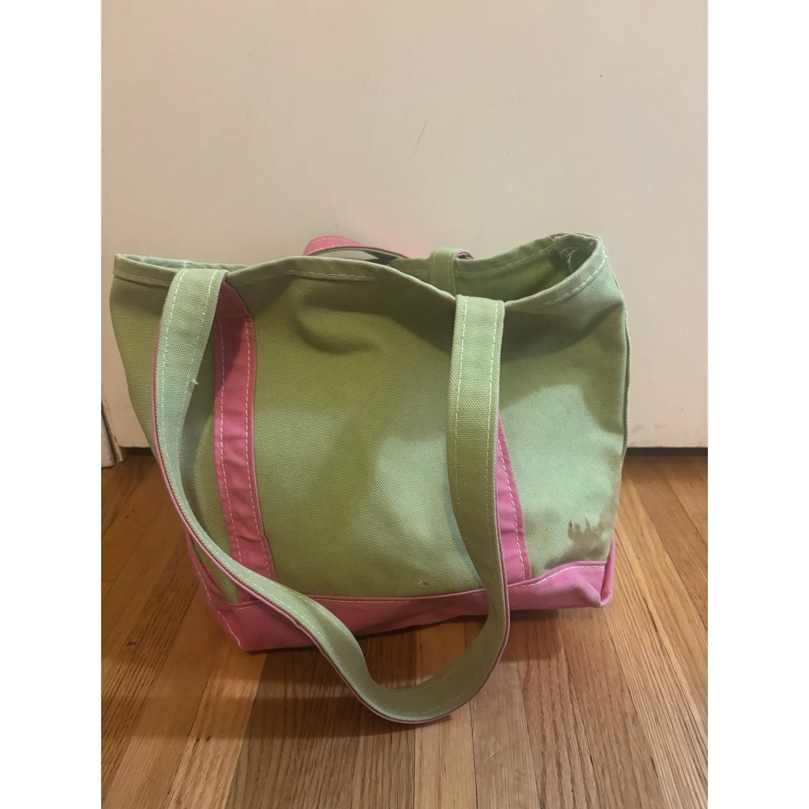 Vintage LL Bean Boat & Tote Bag USA Made Green Pink Long Straps - Image 6