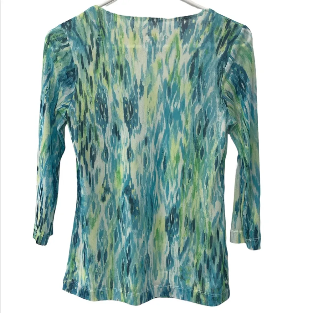 Chicos Sheer Blouse Tunic Top Size 0 Green and Blue Nylon Watercolor 3/4 sleeves - Image 3