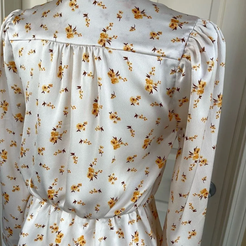 LUSH Floral Surplice Peplum Long Sleeve Blouse (Cream) - Small - Image 9