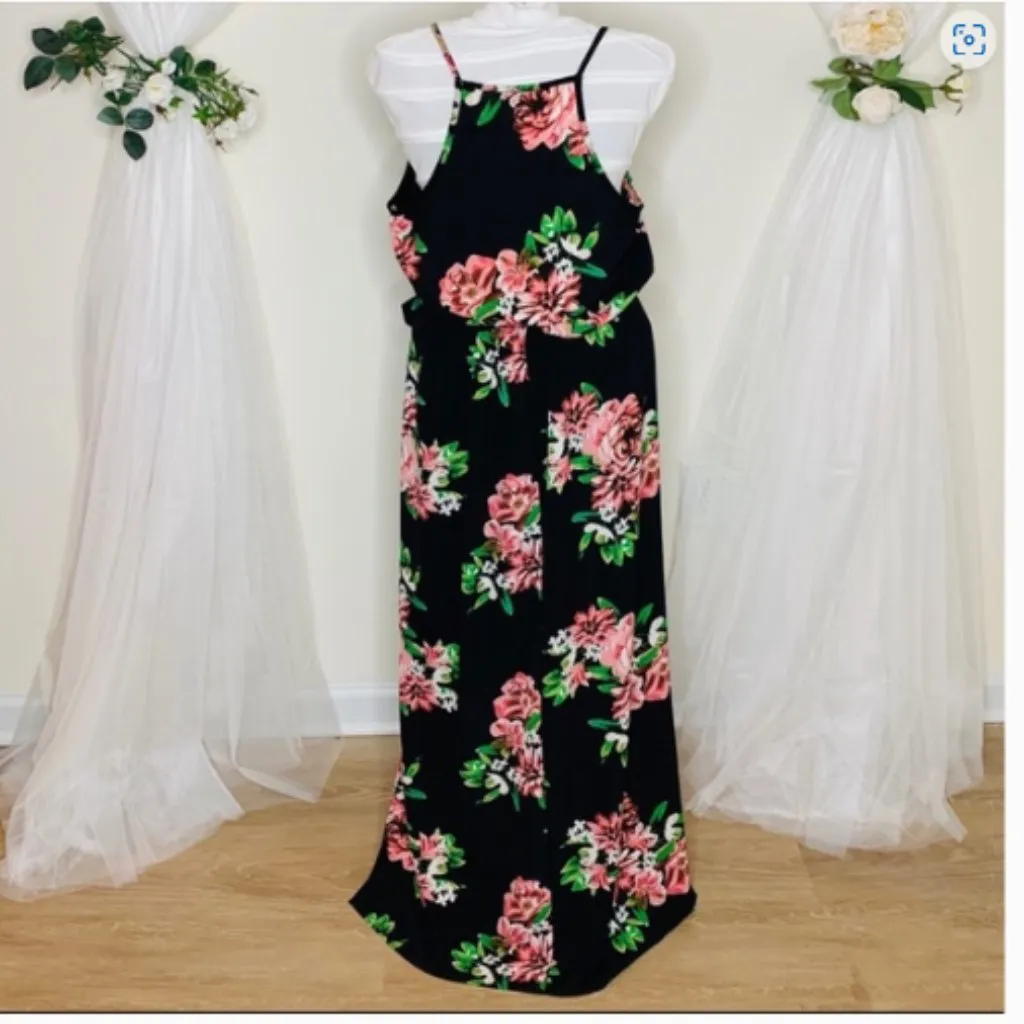 Dream of Me Black Floral Spaghetti Strap V Neck Slit Stretch Waist Maxi Dress L Pink Size L - Image 2
