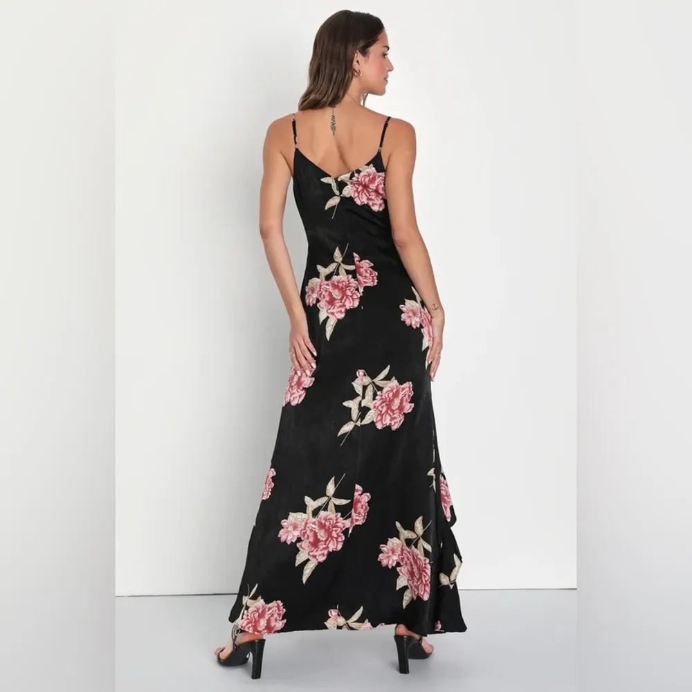 LULU’S Elegant Excellence Black Floral Satin Maxi Dress Size XL - Image 5